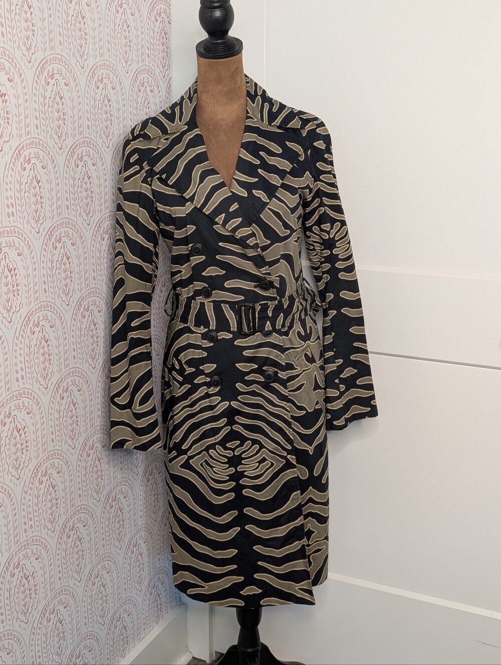 Club Monaco Black & Olive Green Zebra-Print Trench Coat